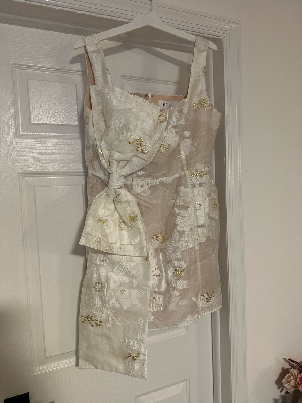 Elliatt Ivory Satin Bow Mini Dress with Gold Embroidery